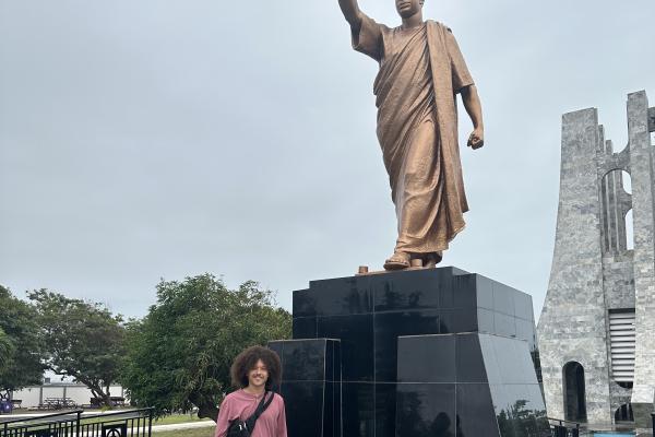 Sterling and the statue is at the Kwame Nkrumah National Museum & Mausoleum.