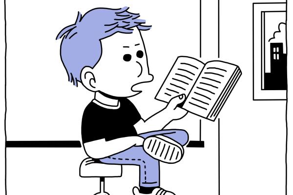 cartoon man reading a book with foot crossed over leg