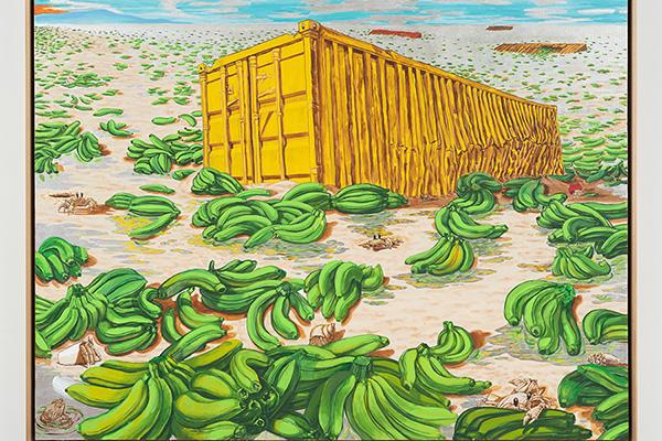 Dewey Crumpler, Green Bananas, 2017. Acrylic and metal leaf on canvas, 60 x 72 in. Courtesy of Andrew Kreps Gallery and the artist.