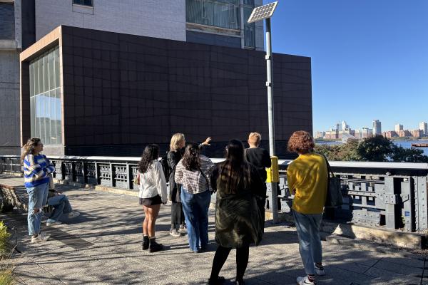 Dr. Jodie Paterson and students standing outside observing the New York City skyline