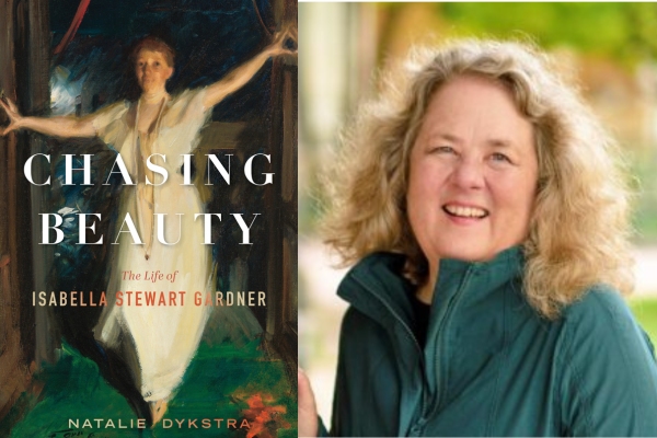  Natalie Dykstra side by side with the cover of her book "Chasing Beauty: The Life of Isabella Stewart Gardner"