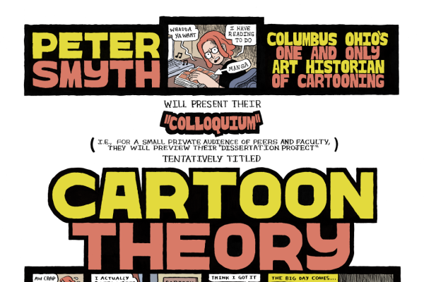 Poster with the words Cartoon Theory in yellow and orange at the the center