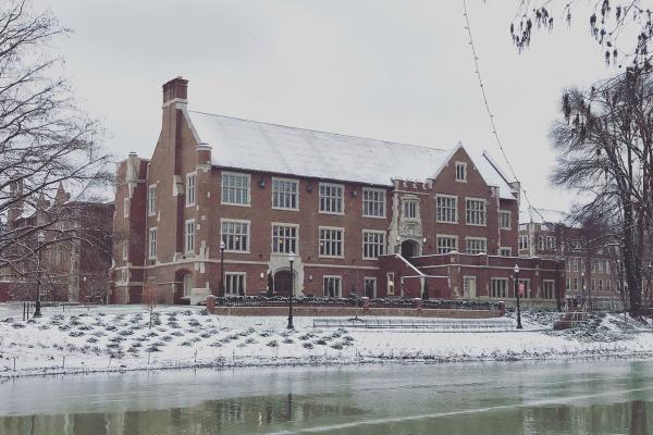 Pomerene Hall, home of the History of Art Department, viewed on a winter's day with Mirror Lake in the foreground