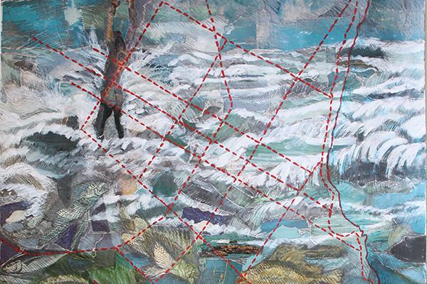 Detail of a mixed media artwork including an human figure, flora, and fauna overlaid with dashed red lines