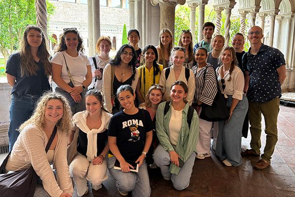 Professor Whittington and students pose for a group picture on their trip to Italy for the course "Medieval Art in Italy"