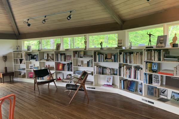 two chairs in front of a big bookshelf in front of windows