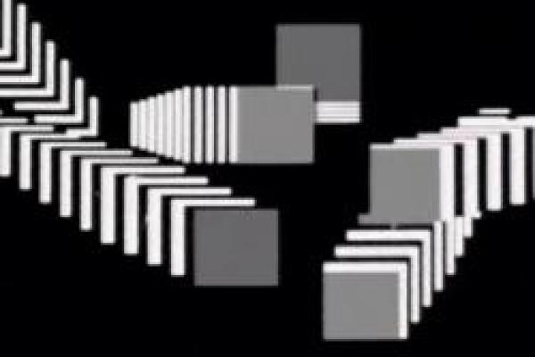 black and white artwork with squares in white and shades of gray on black background