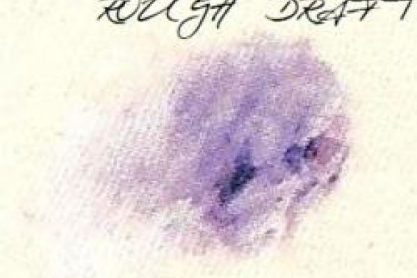 white textured paper with a purple splotch on it, rough draft written above it