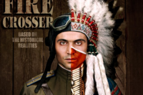 half the face of a solider and half the face of a native person with cultural clothes on