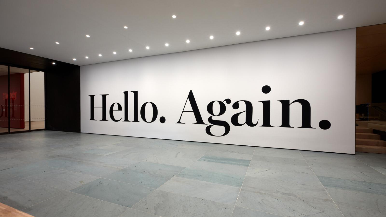 image of the words hello period again period on a wall