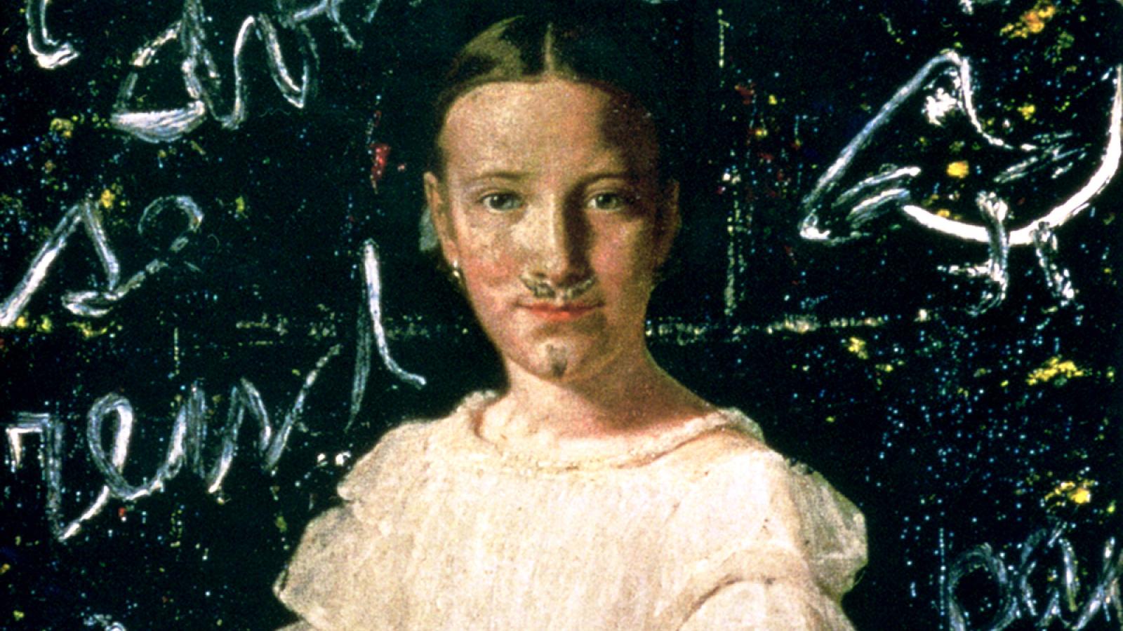 Painting of a little girl sitting in front of a blackboard with chalk writing on it. 