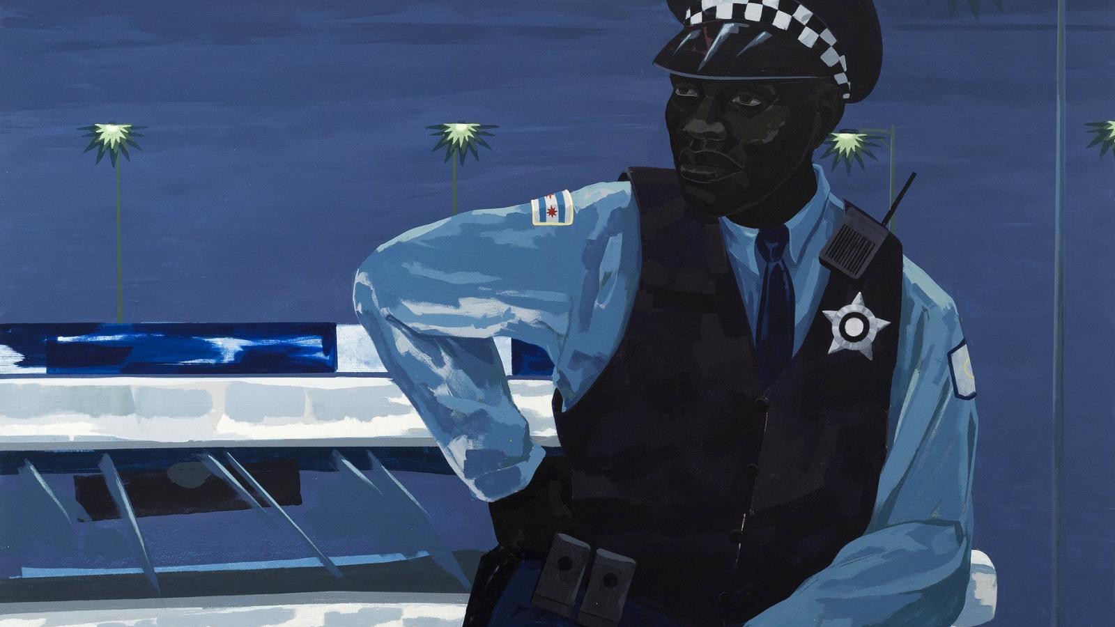 Painting of a Policeman sitting on a police vehicle. 