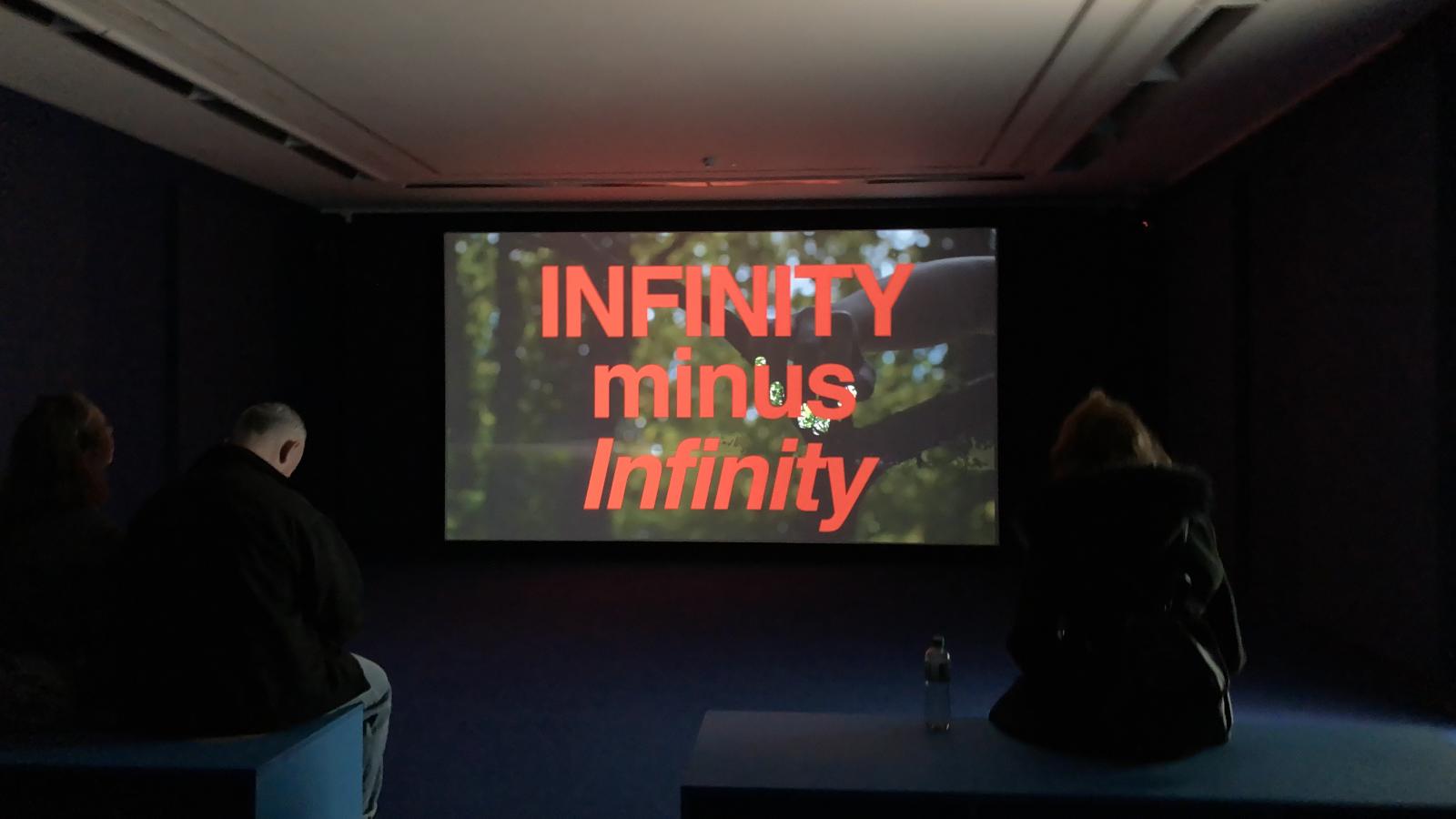 film projection screen that reads "INFINITY minus Infinity"