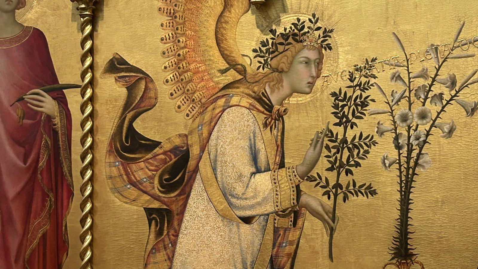 Simone Martini and Lippo Memmi, Annunciation with St. Margaret and St. Ansanus, 1333, Tempera and gold on panel, Florence: Galleria degli Uffizi. (detail) 