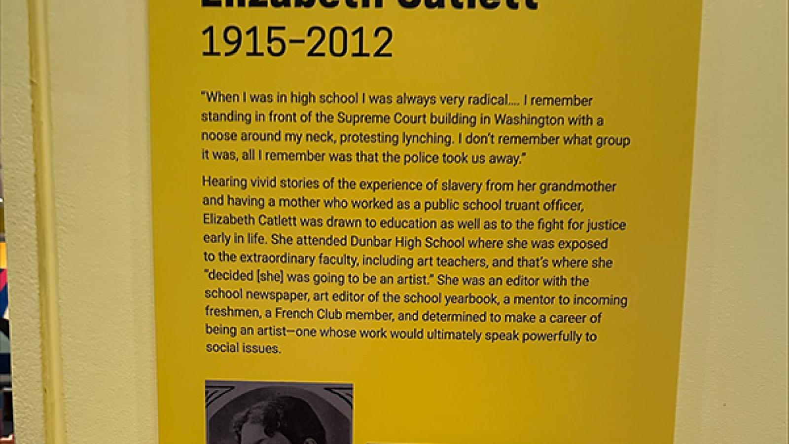 Informational panel describing the work of Elizabeth Catlett