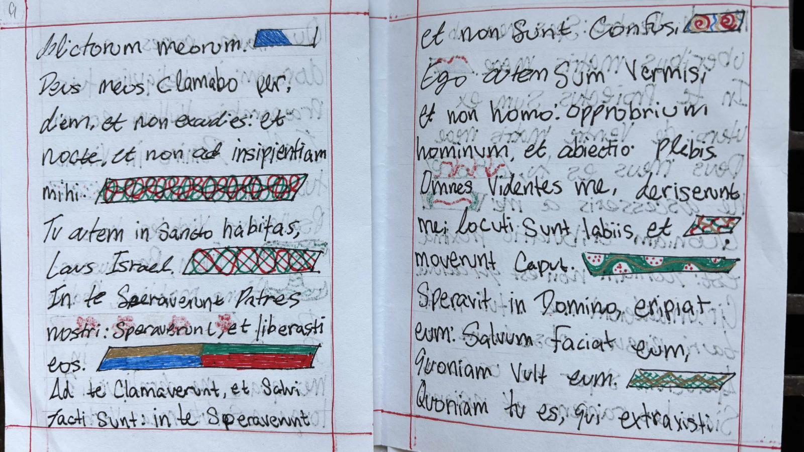 two open pages of text with brightly colored rectangles