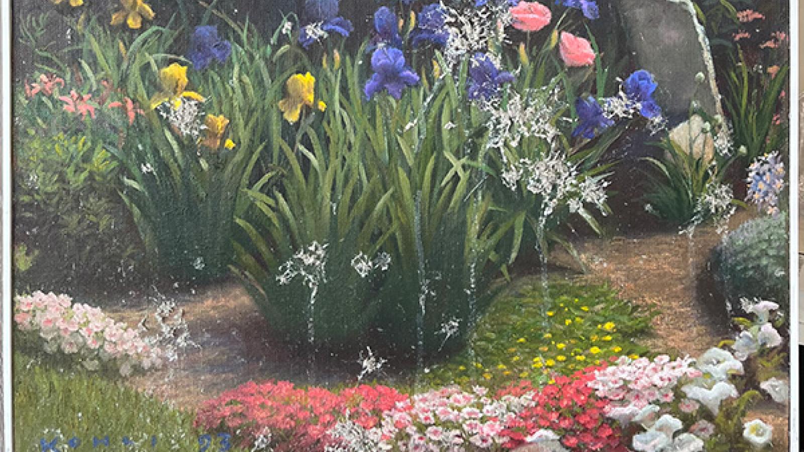 A detail of a landscape painting showing visible damage in the lower portion of the canvas