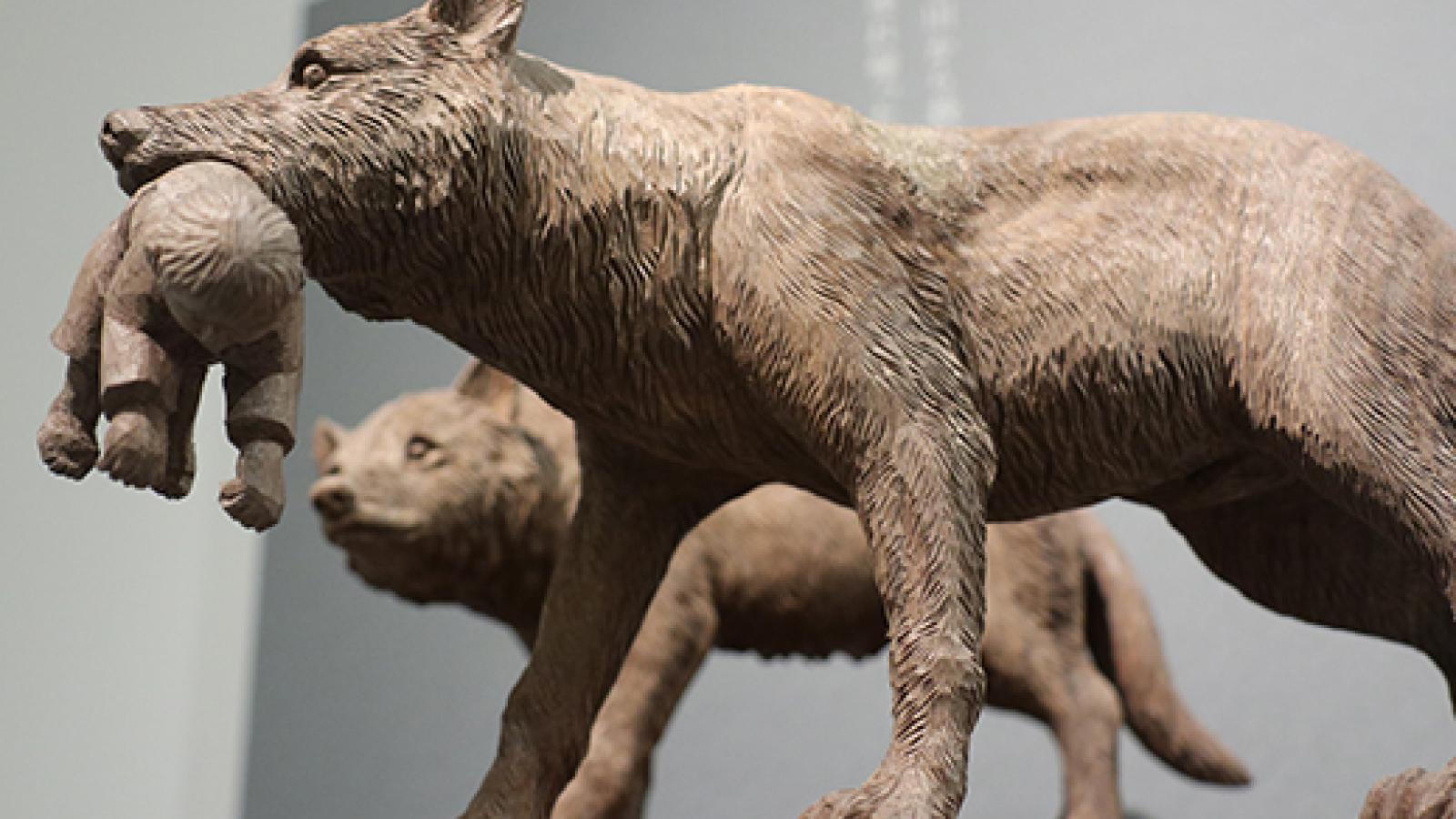 Two wolf statues