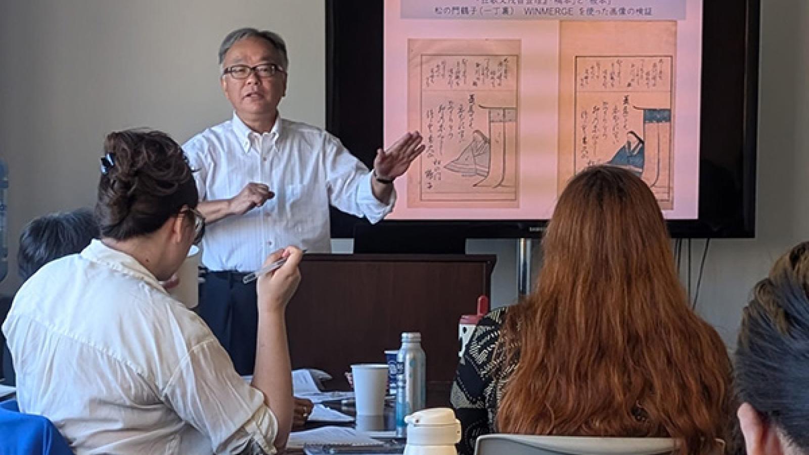 Professor Emeritus Takahashi Akinori of the Graduate School of Arts and Letters at Tohoku University presenting at the workshop. 