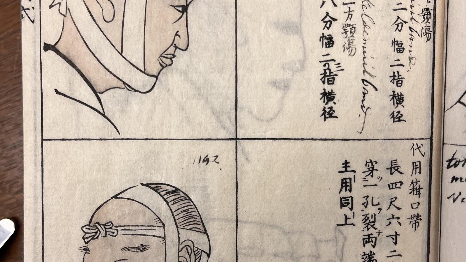 One box with four quadrants featuring two illustrations of a male patients head wrapped in bandages, and two panels featuring Japanese characters.