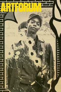 The cover of Artforum magazine with the publication's title in yellow text at the top and an image of a young Black man surrounded by graphics in the background