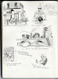 Comic drawing featuring buildings, people and text bubbles.