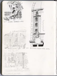 Comic drawing featuring two men sitting on a bench and various buildings. 